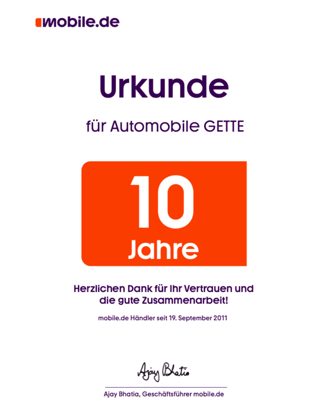10 Jahre mobile.de Händler Auszeichnung für Automobile Gette