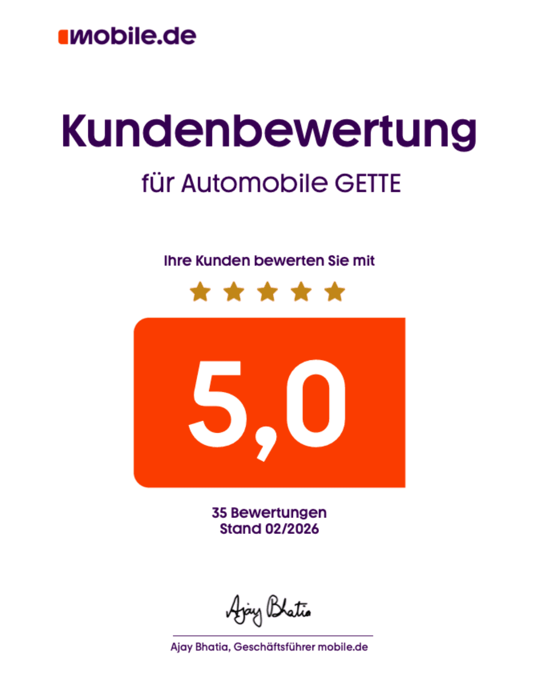 5,0 Sterne Kundenbewertung auf mobile.de für Automobile Gette